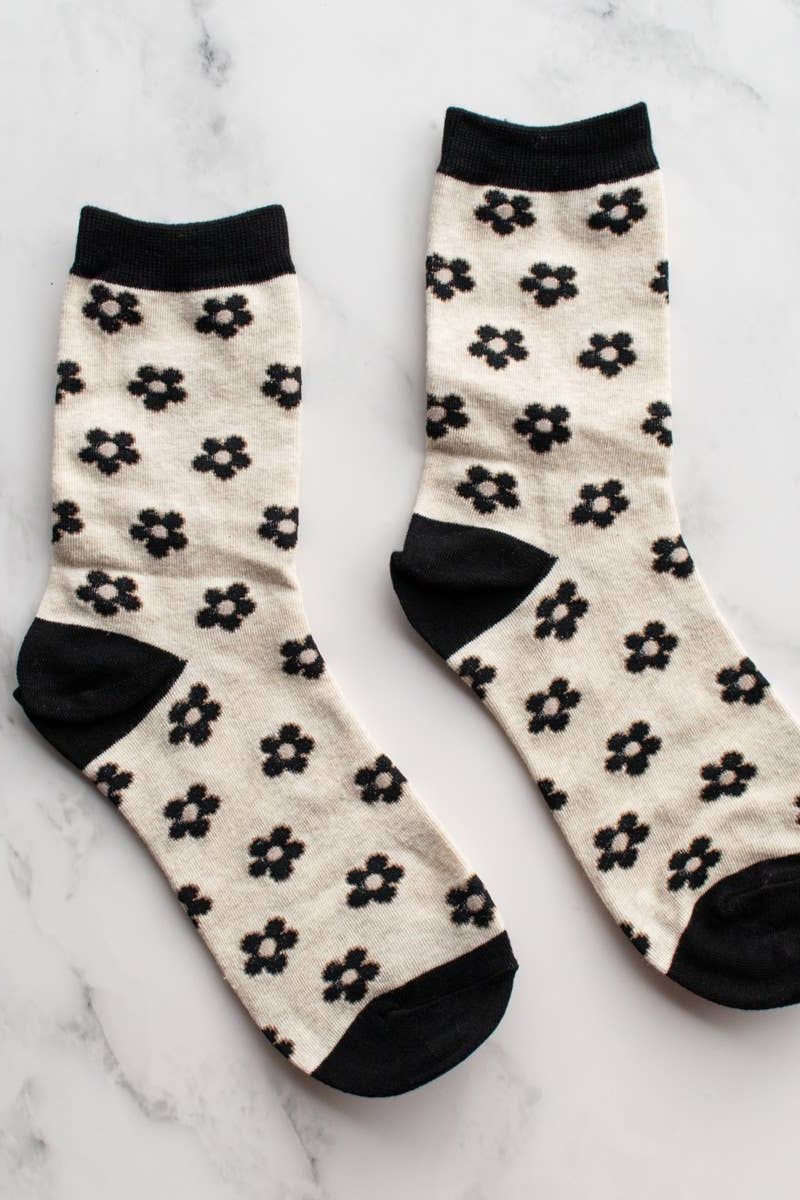 Doodle Flower Crew Socks: Yellow/Green