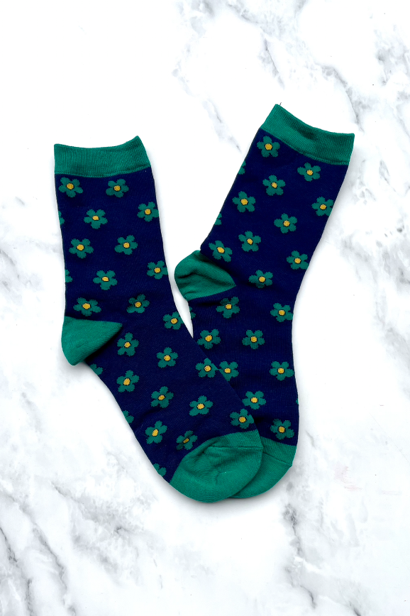 Doodle Flower Crew Socks: Yellow/Green