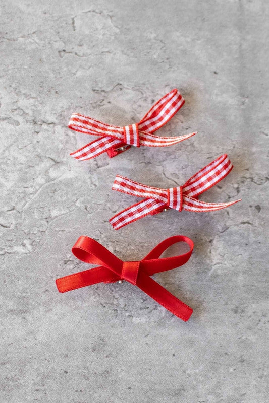 Short Mini Check Pattern Bow Hair Pin Set: Red