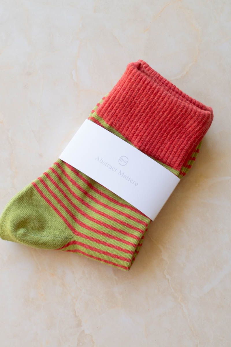 2 Tone Stripe Casual Socks - Coral/Olive