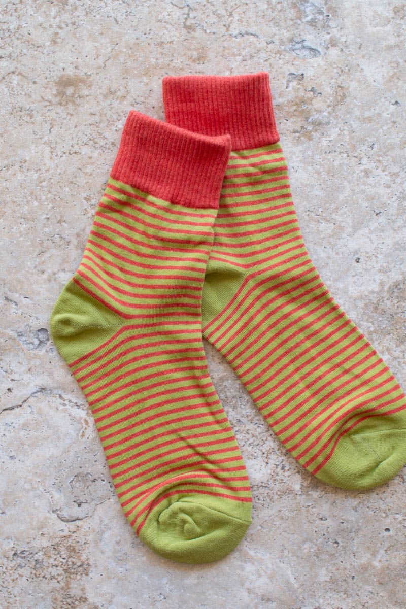 2 Tone Stripe Casual Socks - Coral/Olive