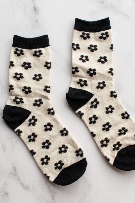 Doodle Flower Crew Socks Black/Oatmeal