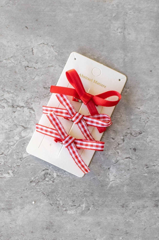 Short Mini Check Pattern Bow Hair Pin Set: Red